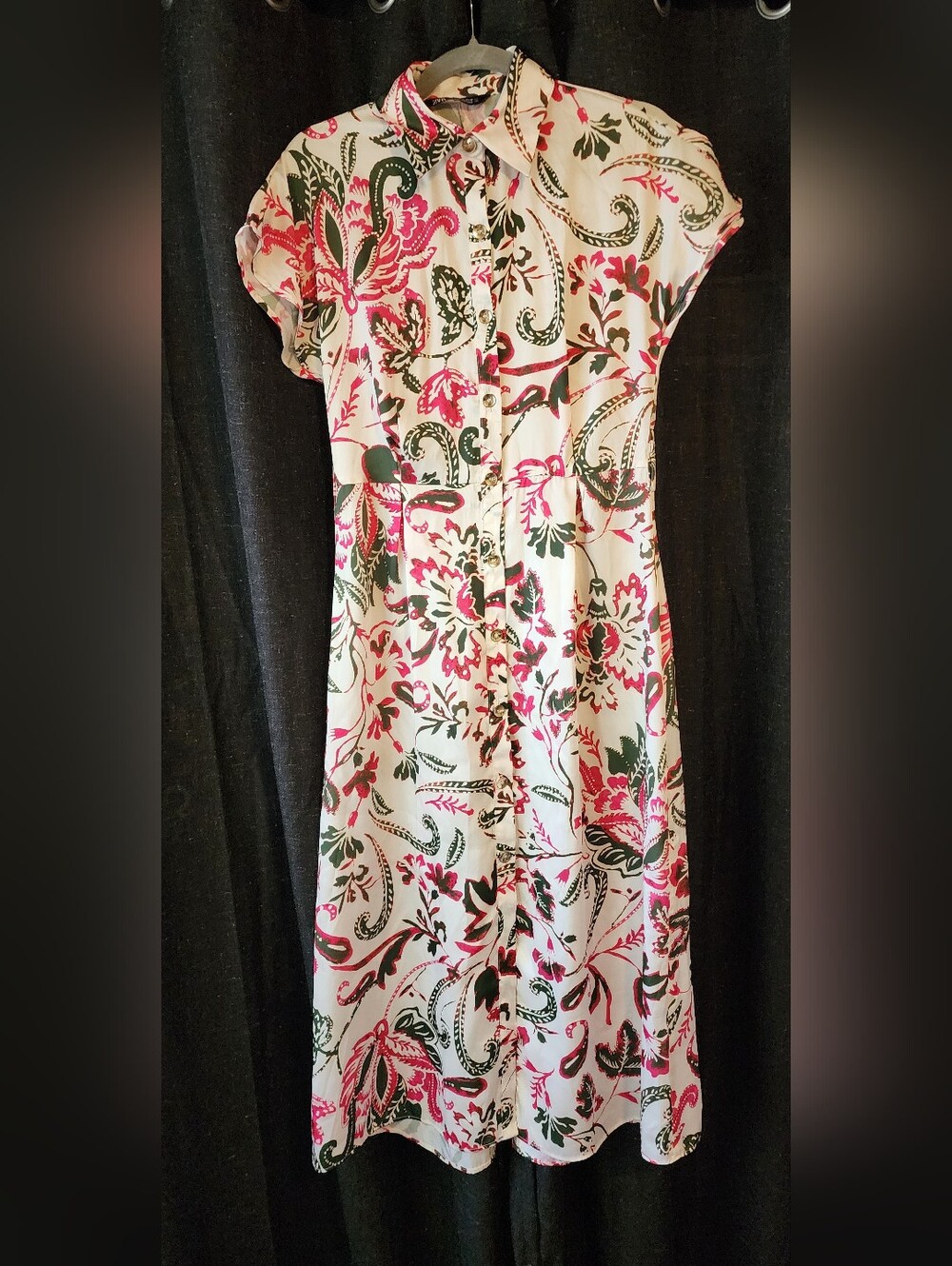 ZARA Floral Paisley Button‑Front Midi Dress XS – Boho Summer Casual Morocco